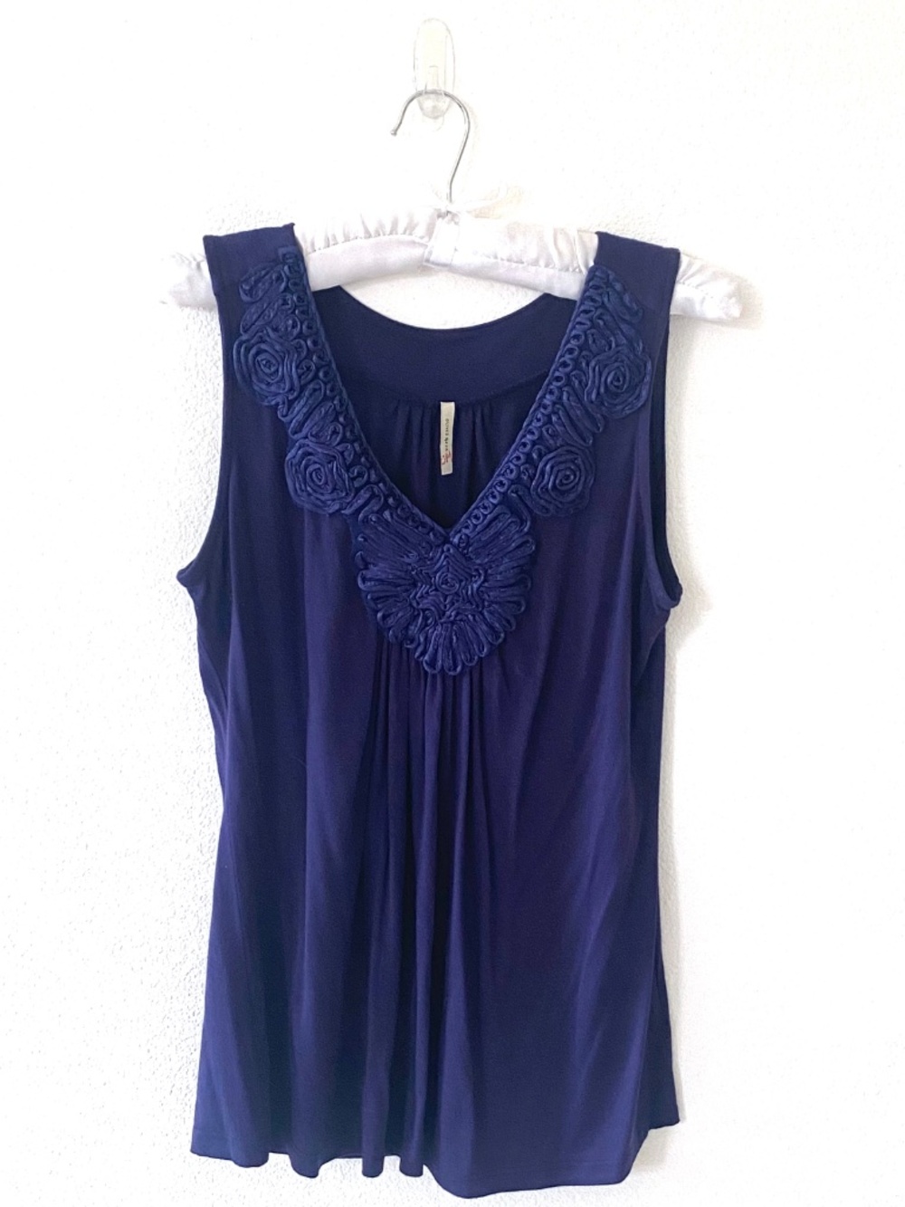 Olivia Moon Navy Blue Tank Top, Soft Fabric, Soutache Lace Trim, Size Medium